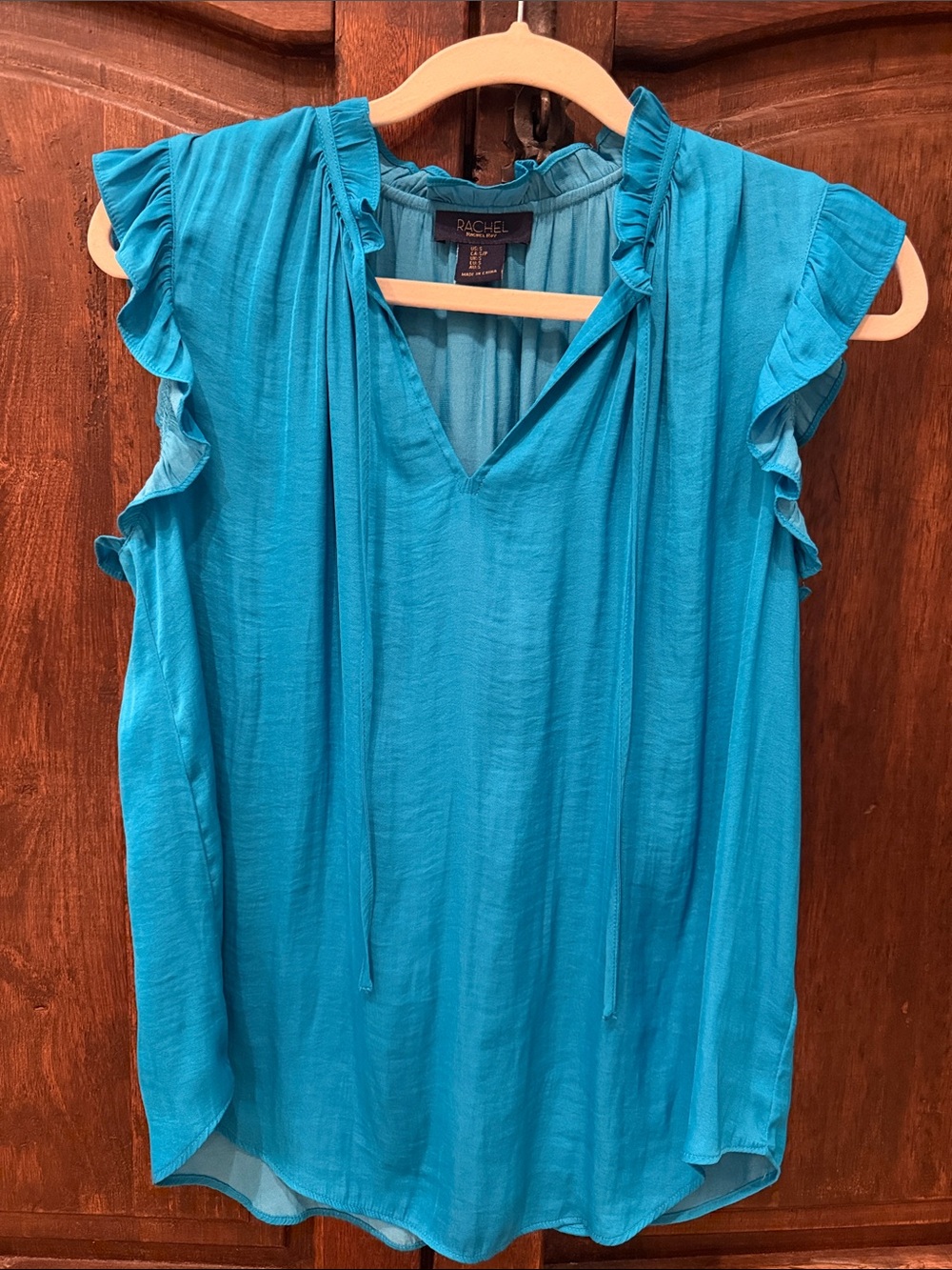 Rachel Bright Turquoise Ruffle-Trim Tie-Neck Camisole Top Small